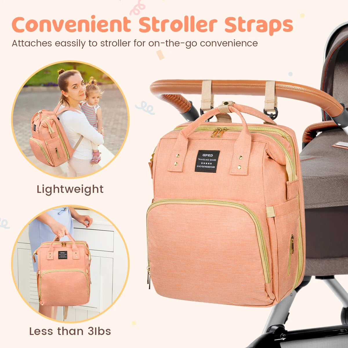 Diaper Bag Backpack, Multifunctional Baby Diaper Bags with Changing Station &Foldable Crib, Large Baby Bag for 0-6 Mouth Boys Girls W/ USB Charging Port&Stroller Strap, Mom Gifts Baby Essentials(Pink)