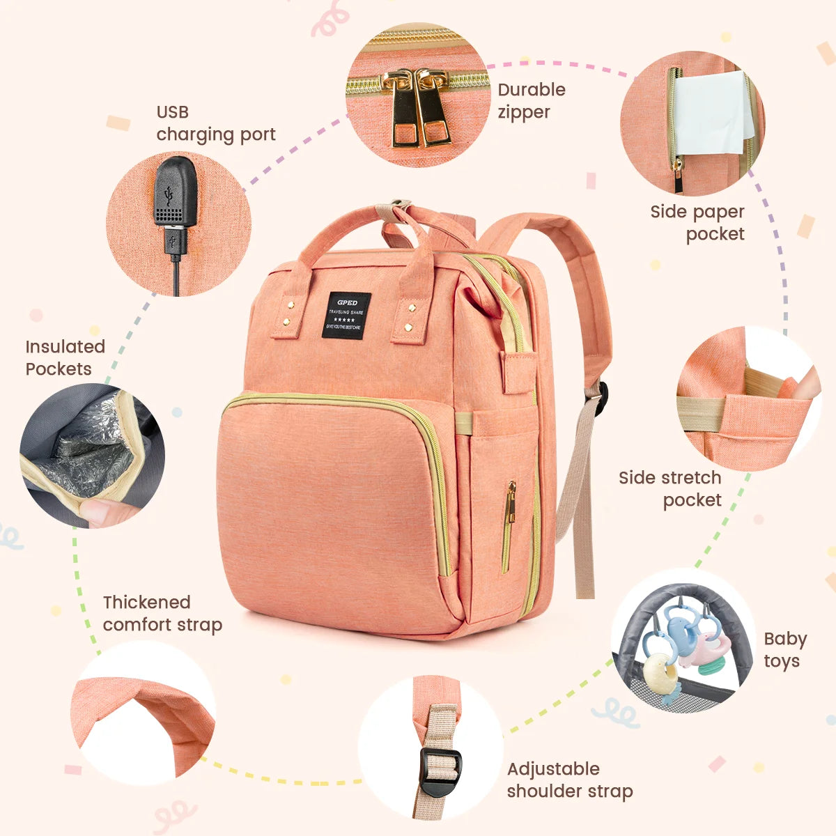 Diaper Bag Backpack, Multifunctional Baby Diaper Bags with Changing Station &Foldable Crib, Large Baby Bag for 0-6 Mouth Boys Girls W/ USB Charging Port&Stroller Strap, Mom Gifts Baby Essentials(Pink)